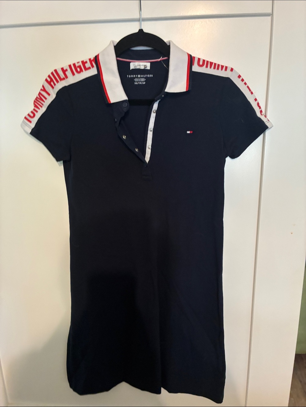 Tommy Hilfiger Navy Polo Dress with White Collar and Red Shoulder Logo Tape